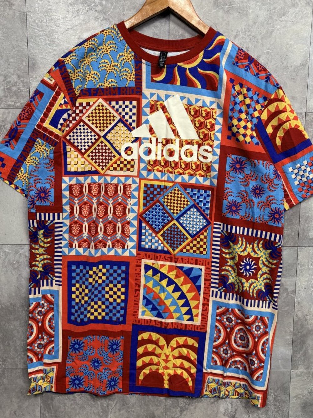 Adidas x FARM Rio T Shirt Men's L Multicolor Patchwork Graphic Longline